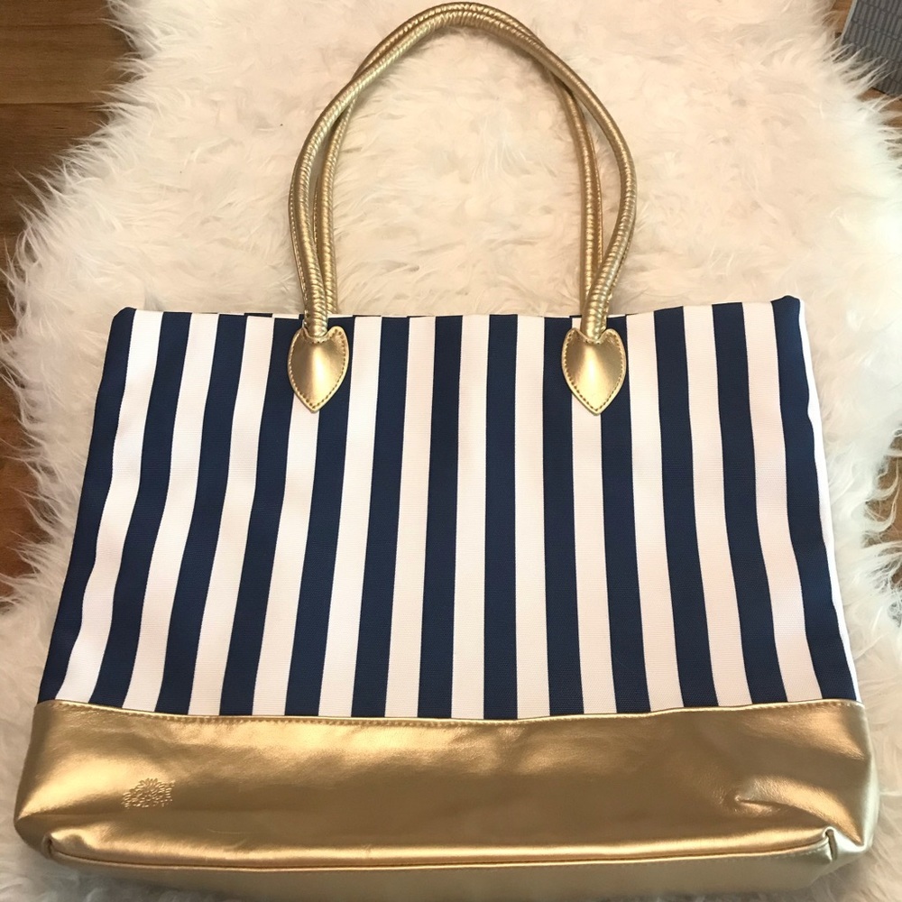 Crabtree & Evelyn Navy Blue White Stripe Tote Bag Gold Trim Nautical Beach Bag